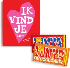 Tony's Chocolonely Geschenkdoos Liefde - Melkchocolade + Karamel Zeezout - Chocolade Geschenk Met 2 Chocolade Repen - Geschenkset