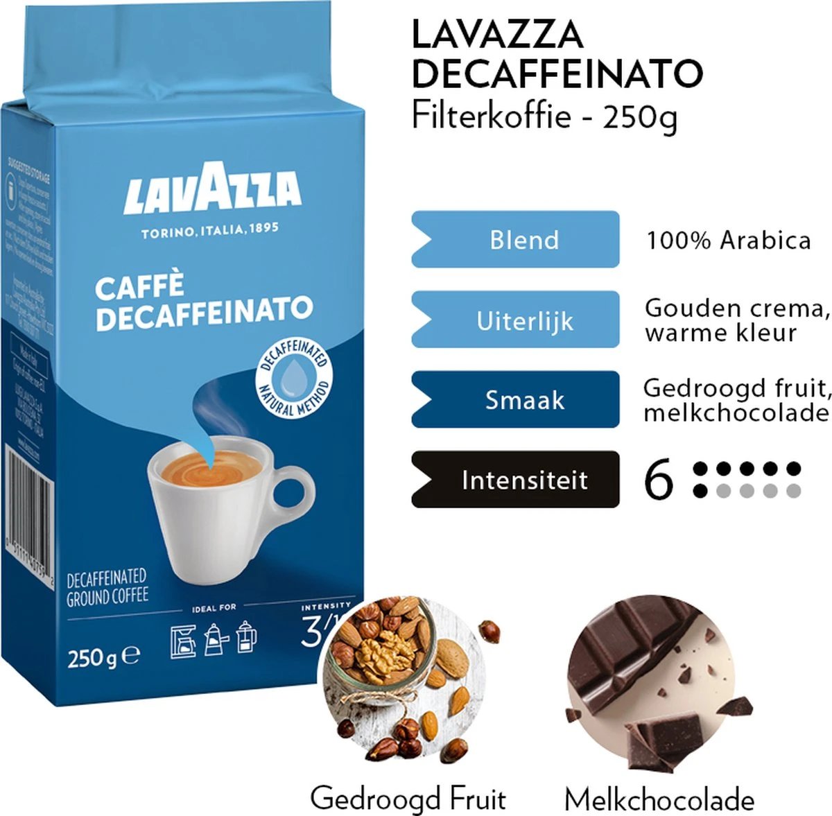Lavazza Caffe Decaffeinato Filterkoffie - 250 Gram X8 4 Lavazza Caffe Decaffeinato Filterkoffie - 250 Gram X8 - Afbeelding 4