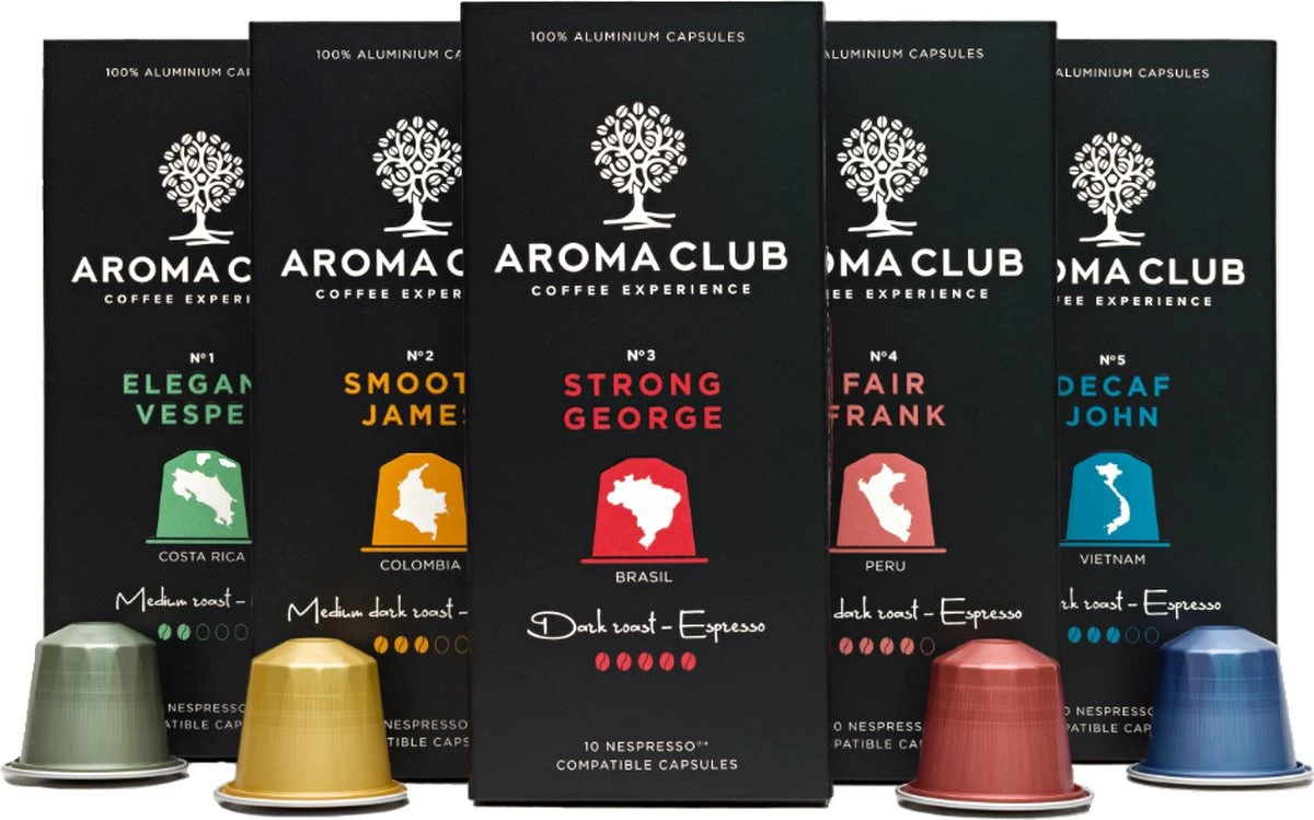 Aroma Club - Proefpakket Nespresso Compatible Capsules (100 St.) - 5 Smaken - Espresso & Lungo - 100% Aluminium Koffiecups 1 Aroma Club - Proefpakket Nespresso Compatible Capsules (100 St.) - 5 Smaken - Espresso & Lungo - 100% Aluminium Koffiecups
