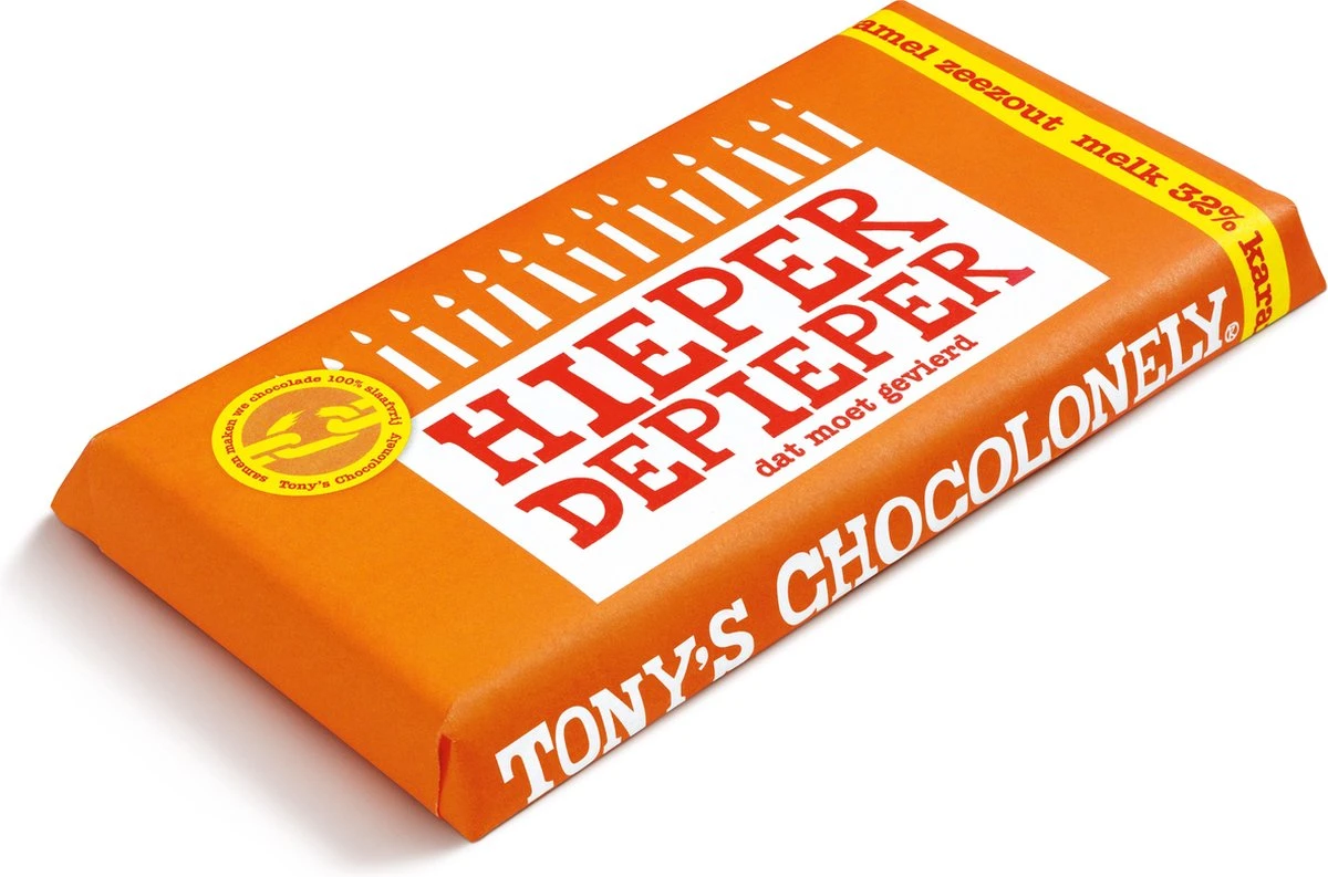 Tony's Chocolonely Chocolade Reep Melk Karamel Zeezout - Zeg 't Met Een Reep "Hieperdepieper" - 180 Gram 9 Tony's Chocolonely Chocolade Reep Melk Karamel Zeezout - Zeg 't Met Een Reep "Hieperdepieper" - 180 Gram - Afbeelding 9