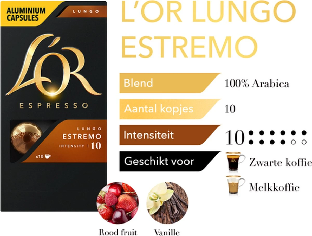 L'OR Lungo Estremo Koffiecups - Intensiteit 10/12 - 10 X 10 Capsules 6 L'OR Lungo Estremo Koffiecups - Intensiteit 10/12 - 10 X 10 Capsules - Afbeelding 6