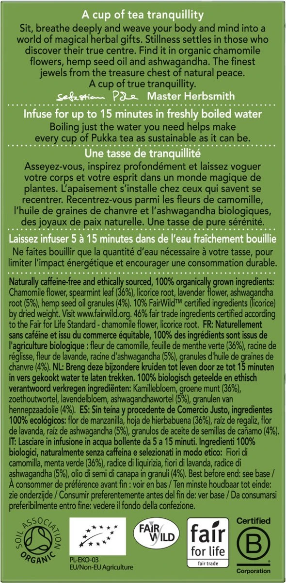 Pukka Peace Thee, Met Kamille, Munt, Ashwagandawortel En Granulen Van Hennepzaadolie - 4 X 20 Zakjes - GB-BIO-05 2 Pukka Peace Thee, Met Kamille, Munt, Ashwagandawortel En Granulen Van Hennepzaadolie - 4 X 20 Zakjes - GB-BIO-05 - Afbeelding 2