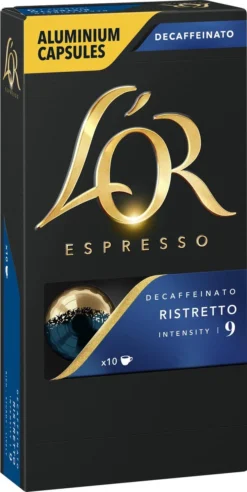 L'OR Espresso Ristretto Decaffeinato - Intensiteit 9/12 - 10 X 10 Capsules -Drank Winkel 603x1200