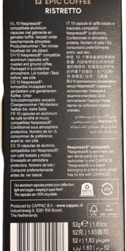 100 Capsules Epic Coffee - Ristretto - Nespresso® Compatible Aluminium Capsules - RFA Keurmerk - Doos 100 Stuks -Drank Winkel 606x1200