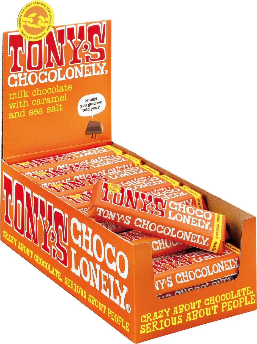Tony's Chocolonely Chocolade Reep Melk Karamel Zeezout - 35 X 47 Gram 1 Tony's Chocolonely Chocolade Reep Melk Karamel Zeezout - 35 X 47 Gram